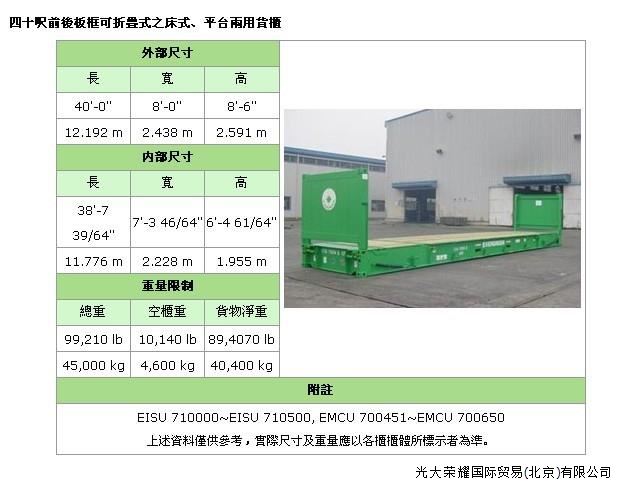 照片名稱：40'FR(Flat Rack板框式折疊平板)  備注：大型機械、游艇、鍋爐等