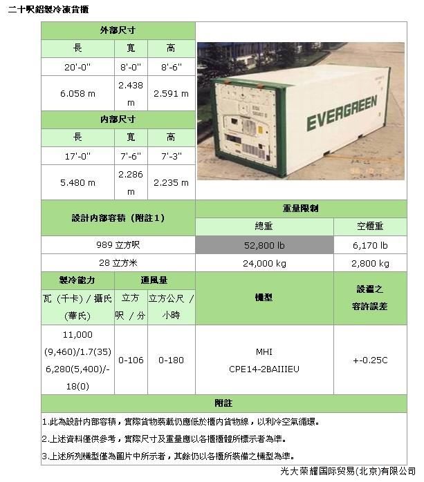 照片名稱：20'Refrigerated(冷凍柜)  備注：專為運輸如魚、肉、新鮮水果、蔬菜等食品而特殊設計的