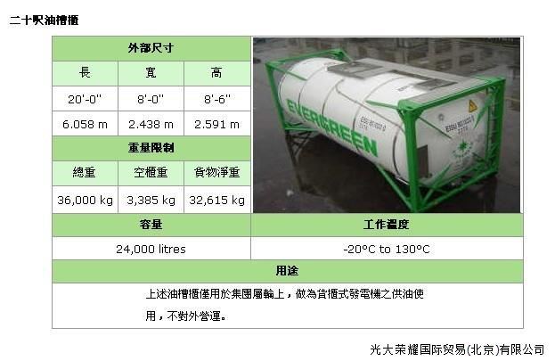 照片名稱：20'ISO TANK(罐式集裝箱) 備注：這種集裝箱是專為裝運液體貨物，如酒類、汽油、化學品而設計的